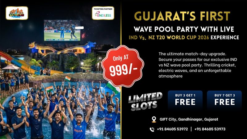 Gujarat First Wave Pool Party - IND Vs NZ T20 World Cup 2026 Live Screening | Events in Gandhinagar | Endless Event